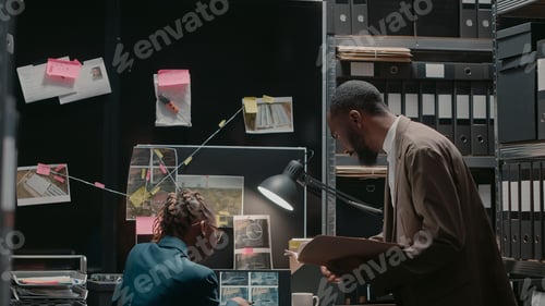 Preview: Partners checking evidence photos on detective map