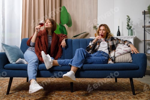 Preview: Mother and daughter with glasses of red wine having fun together at home on sofa