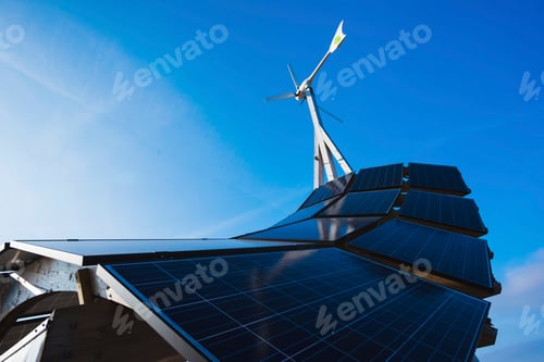 Preview: Low angle view of solar energy panel structure and blue sky, Malmo, Sweden
