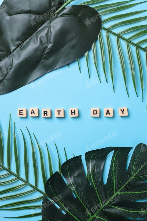 Preview: Earth day lettering with artificial monstera leaf and palm