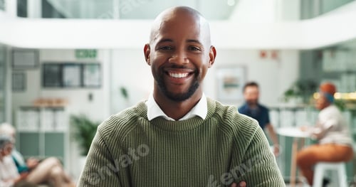 Preview: Startup, portrait and happy business man, employee and copywriter coworking in office lobby. Face,