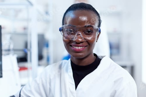 Preview: African health chemist in biochemistry laboratory looking at camera
