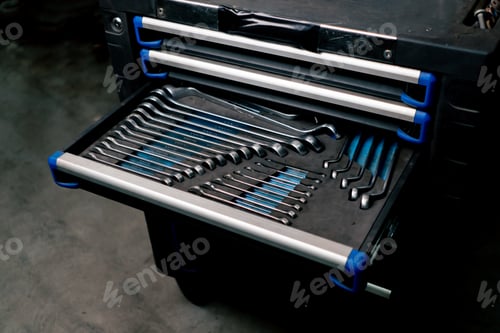 Preview: service station special table with drawers containing tools for the car
