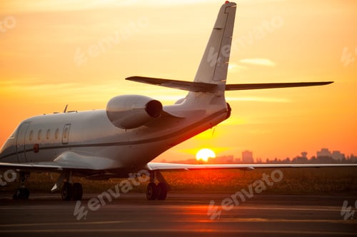 Preview: Just landed. Airplane landing in airport with sunset in the background