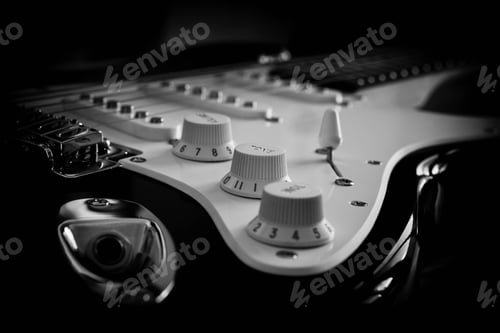 Preview: Greyscale closeup shot of electric guitar details