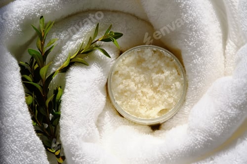 Preview: A jar of scrub wrapped in a terry bath towel with a green sprig.