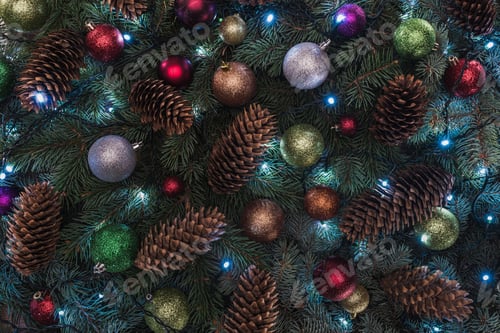 Preview: close-up view of beautiful christmas tree with pine cones, colorful balls and illuminated garland