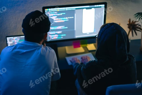 Preview: Mobile developers team writes program code on a computer, programmers work in home office.