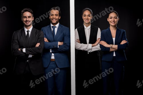 Preview: Group of businessmen separated by wall with businesswomen and looking at camera isolated on black