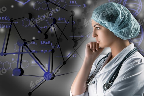 Preview: Collage On Scientific Topics. Young Female Doctor Standing Against Gray Background