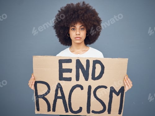 Preview: Portrait of black woman, end racism and protest banner for activism, freedom support or racial inde