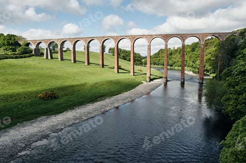 Preview: Elevated view of river and Leaderfoot railway viaduct, Melrose, Scotland