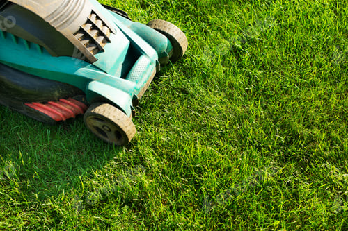 Preview: Lawn mower on grass closeup view. Lawn care concept