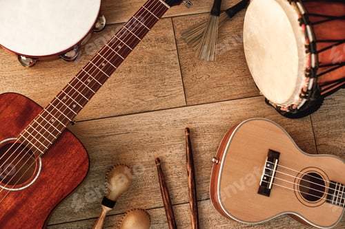 Preview: Ethnic musical instruments set: tambourine, wooden drum, brushes, wooden sticks, maracas and guitars