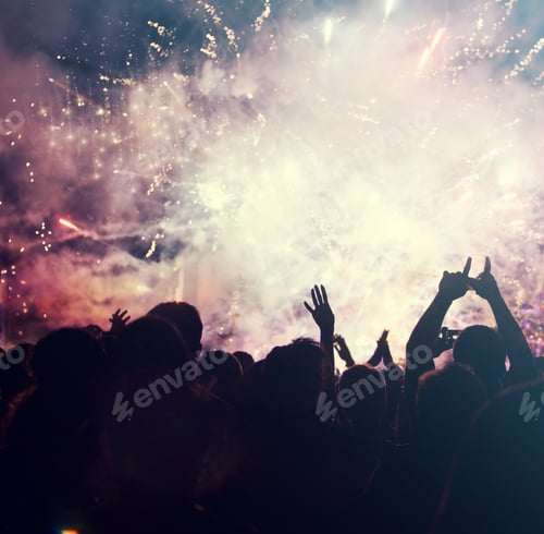 Preview: Cheering crowd and fireworks - New Year concept