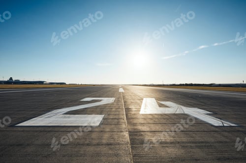 Preview: Surface level of airport runway with road marking and number 24 against clear sky. Prague, Czech Rep