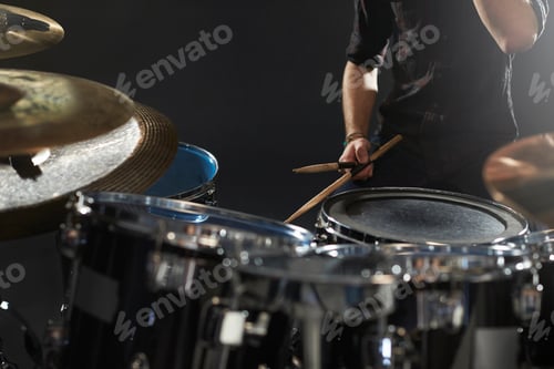 Preview: Close Up Of Drummer Playing Drum Kit In Studio