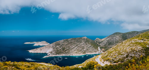 Preview: Panoramic summer landscape of Porto Vromi. Zakynthos Island coastline, Greece. Beautiful lagoon