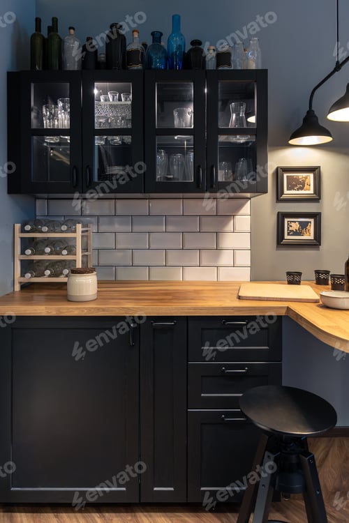 Preview: Modern kitchen with black cabinets and wooden countertop. Cozy home bar.