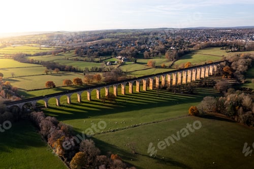 Preview: Aerial landscape of the historic Crimple Valley Viaduct near Harrogate at sunset