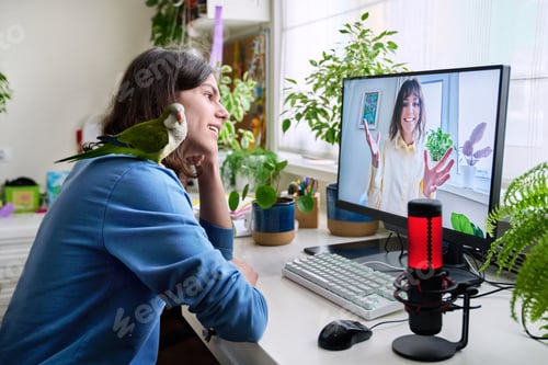 Preview: Online meeting of teenagers friends, guy with pet parrot at home talking to a female