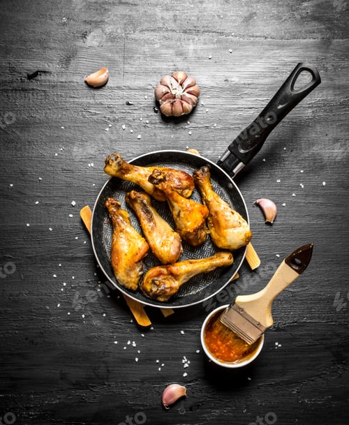 Preview: Fried chicken legs with garlic and sauce.