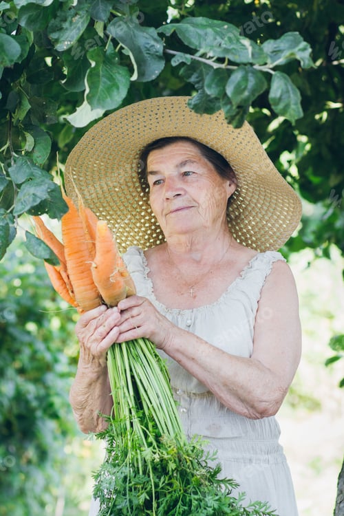 Preview: Portrait Of An Elderly Woman In A Hat Holding A Carrot. Toning. Selective Focus.