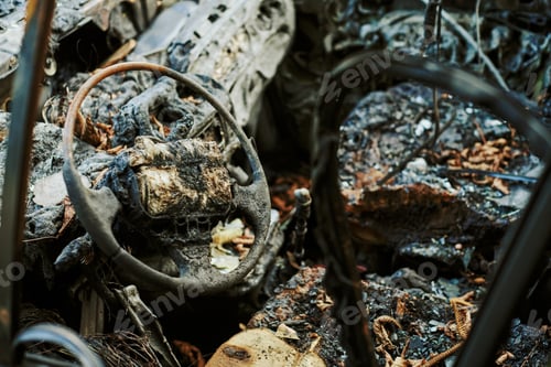 Preview: Burned car interior close up, vehicle fire damaged motor vehicle, car fire
