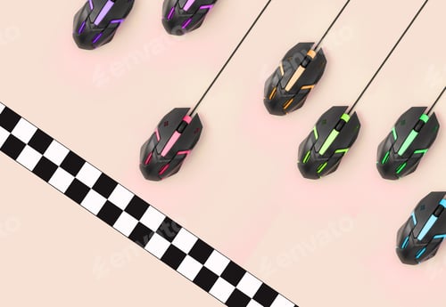Preview: Metaphor of a sports race among computer mouses approaching the checkered finish line
