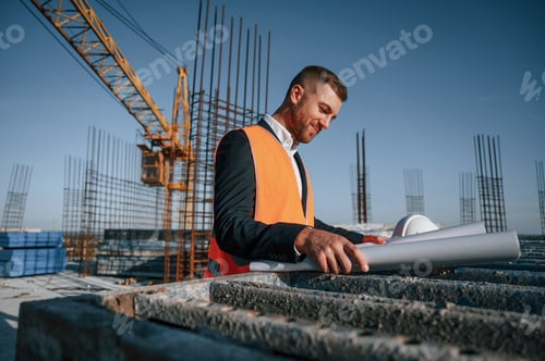 Preview: In orange colored uniform. Man is working on the construction site at daytime