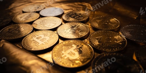 Preview: Bitcoin Cryptocurrency represented as Gold Coins,mining in golden Background