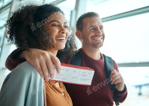 Preview: Travel, airport and couple with ticket boarding international flight for happy holiday destination