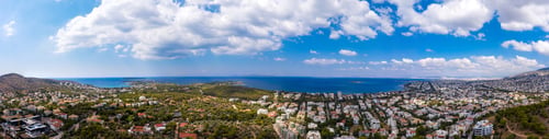 Preview: Athens Greece panorama. Aerial drone view of Vouliagmeni and Kavouri, sunny summer day