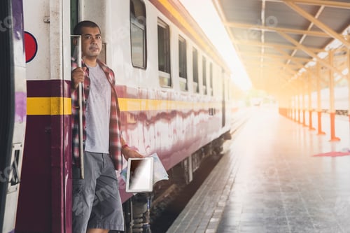 Preview: Traveler digital tablet and map in train station. Travel concept.