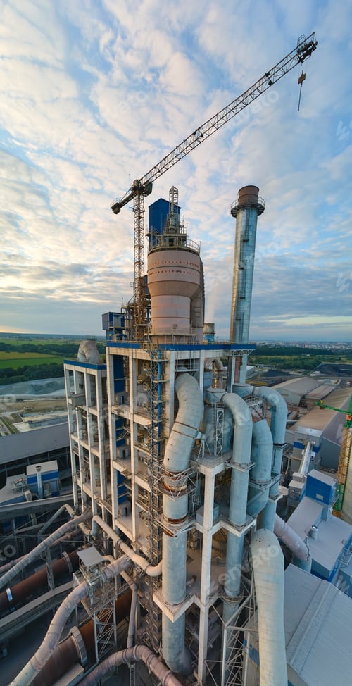 Preview: Aerial view of cement factory with high concrete plant structure and tower crane at industrial