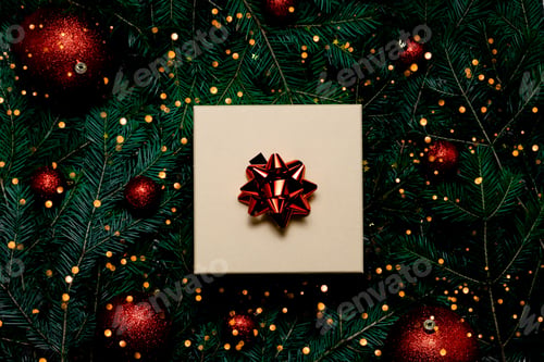 Preview: Fur tree festive background with Christmas decorations and present with bow