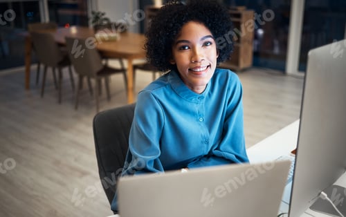 Preview: Portrait of woman with computer, research or schedule planner with overtime in human resources offi