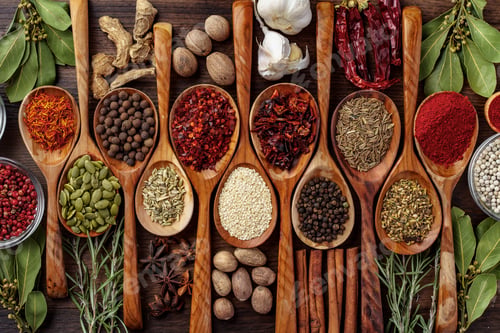 Preview: Background of variety of different vivid spices in wooden spoons