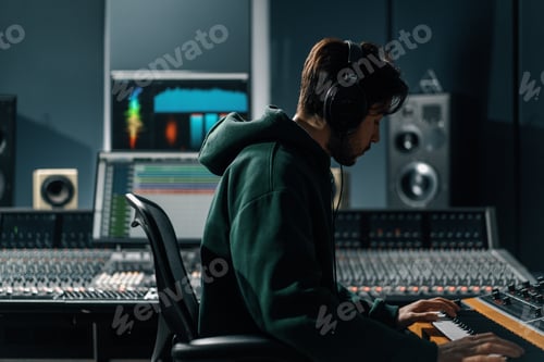 Preview: Man Plays Keyboard in Music Recording Studio