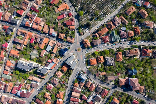 Preview: Aerial view of intersection of seven streets in old city from a drone