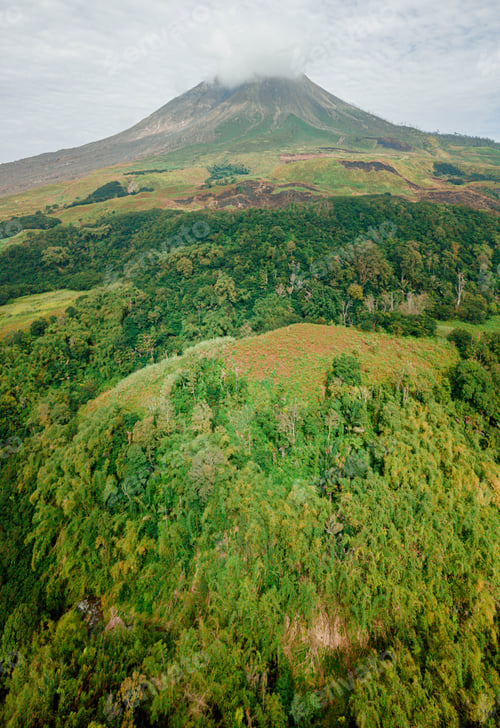 Preview: Aerial drone view of Mount Sinabung at Berastagi in North Sumatra, Indonesia.