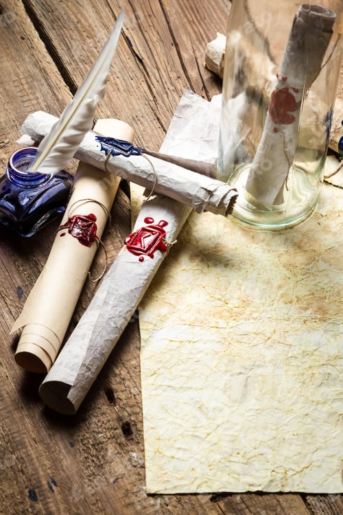 Preview: Message in bottle with a sealed message on old paper