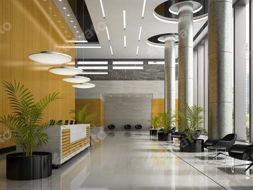 Preview: Interior of a hotel reception 3D illustration