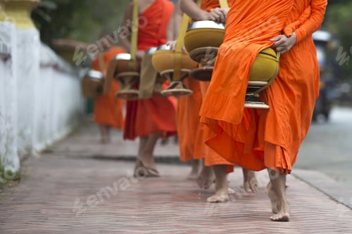 Vista previa: Monjes budistas dan limosnas tradicionales todos los días por la mañana en Luang Prabang, Laos.