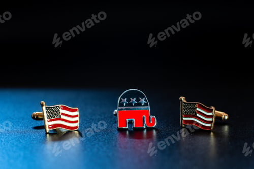 Preview: Emblem of the american republican party, an elephant, between two flags USA