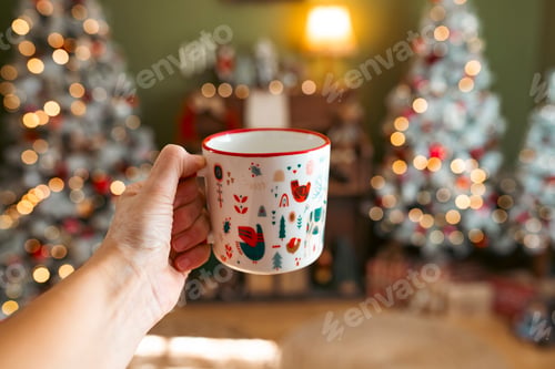Preview: Christmas hygge. Hands holding cup of hot chocolate in Christmas decorated living room.