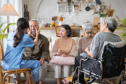 Aperçu: Senior people sit in a circle in a nursing home and listen to nurse during a group elderly therapy