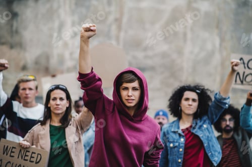 Preview: Group of people activists protesting on streets, demonstration and coronavirus concept.