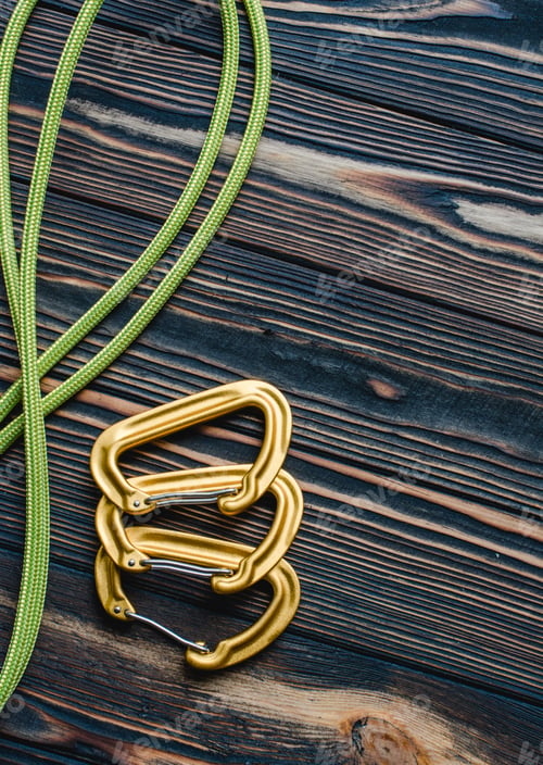 Preview: Isolated photo of climbing equipment. Parts of carabiners lying on the wooden table
