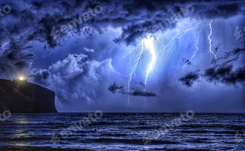 Preview: Extreme weather. Electric storm with forked lightning over the sea. Natural backgrounds